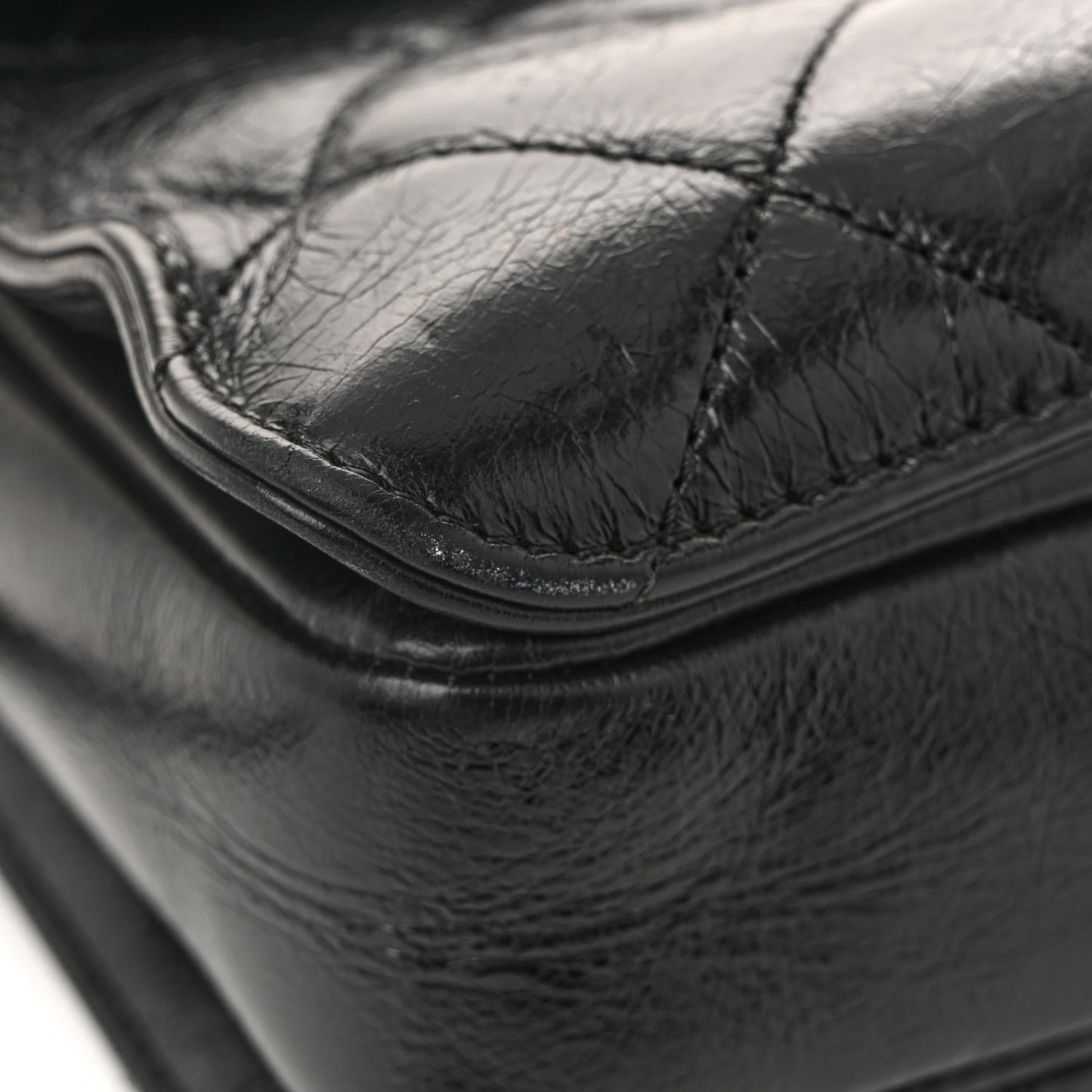 Glazed Calfskin Quilted Large Perfect Edge Flap Black