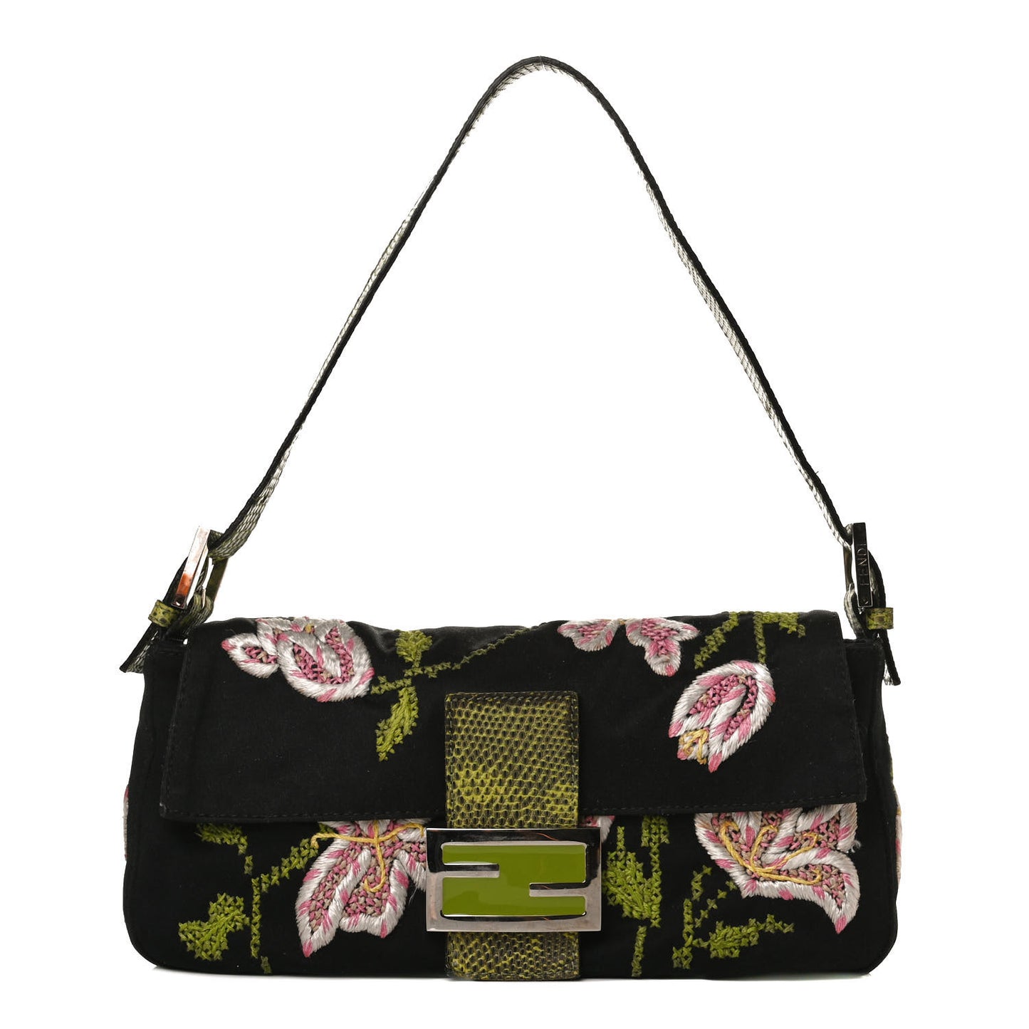 Canvas Lizard Embroidered Flower Baguette Black Multicolor