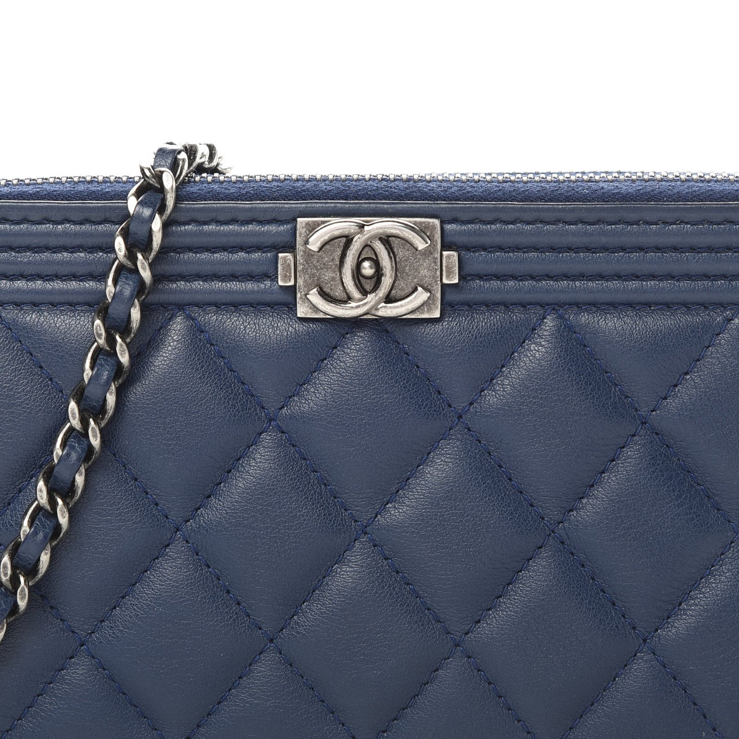 Calfskin Quilted Small Boy Clutch With Chain Navy