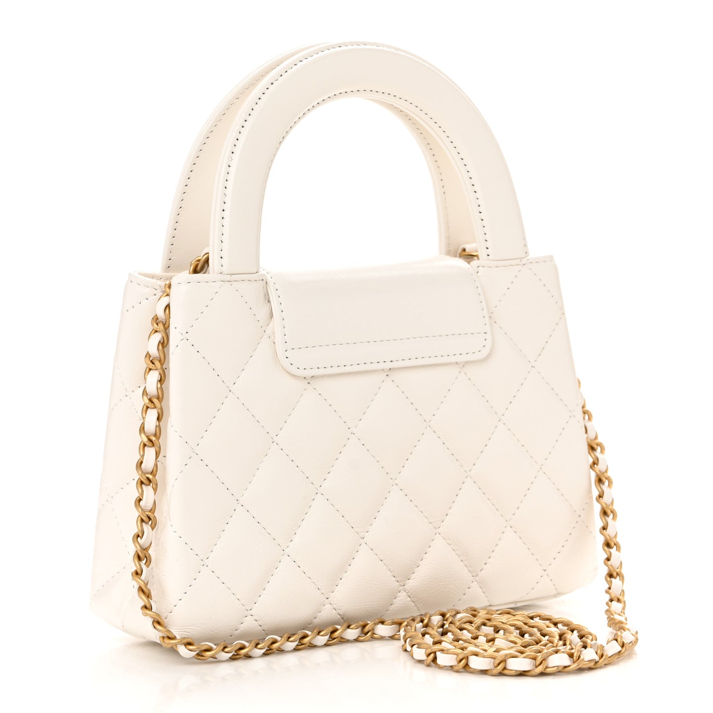 Shiny Aged Calfskin Quilted Nano Kelly Shopper White