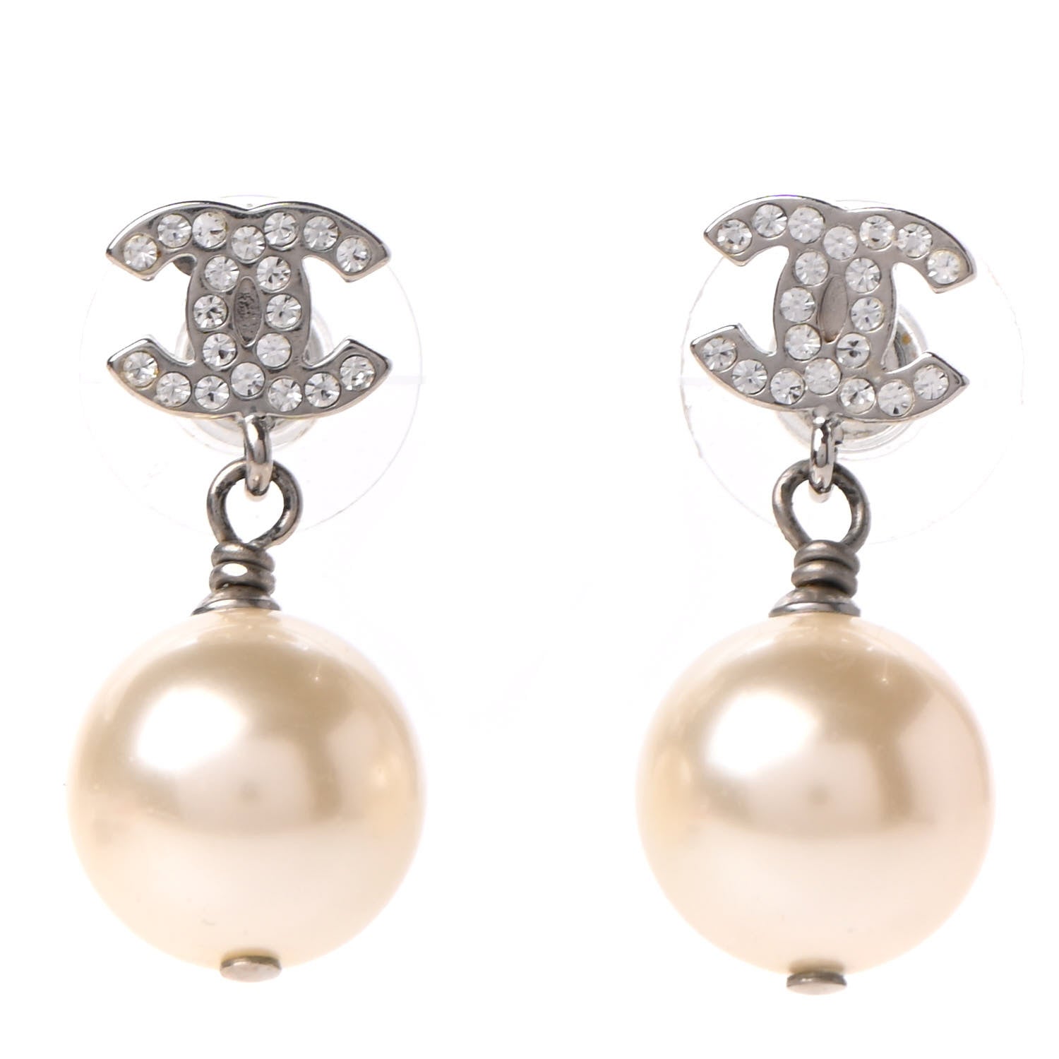 Chanel Crystal Pearl CC Drop Earrings Silver Pearly White 1 of 5