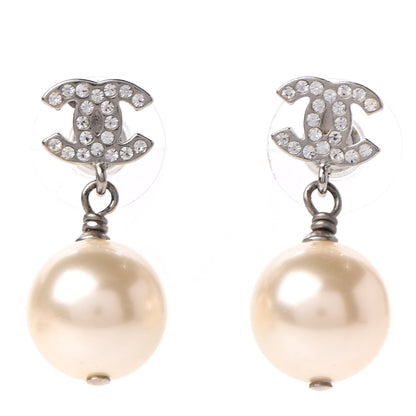 Chanel Crystal Pearl CC Drop Earrings Silver Pearly White 1 of 5