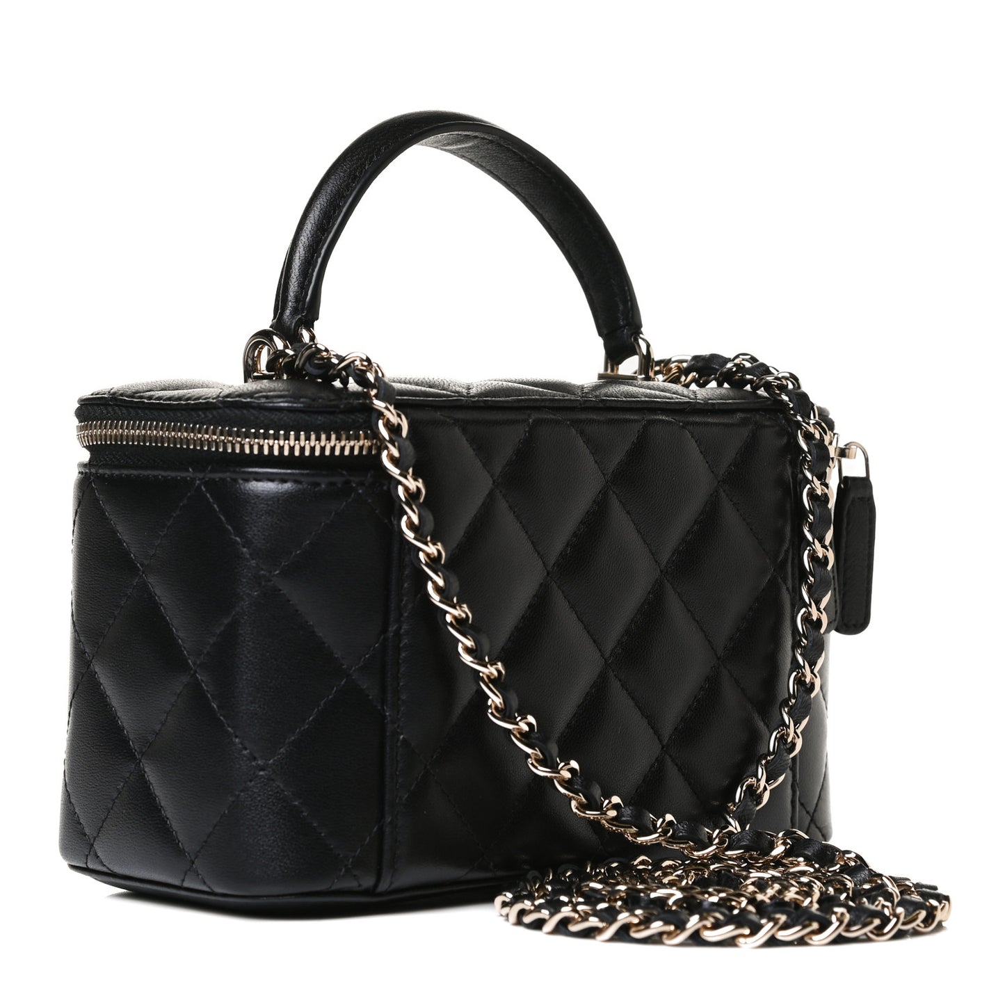 Lambskin Quilted Small Top Handle Vanity Case With Chain Black