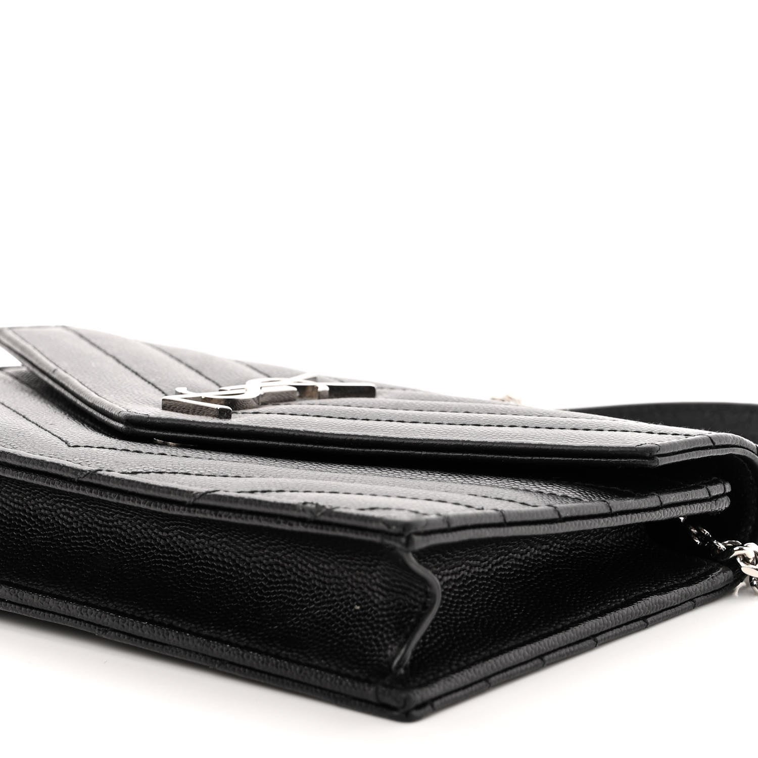Saint Laurent Grain De Poudre Matelasse Chevron Monogram Envelope Chain Wallet Black 9 of 9