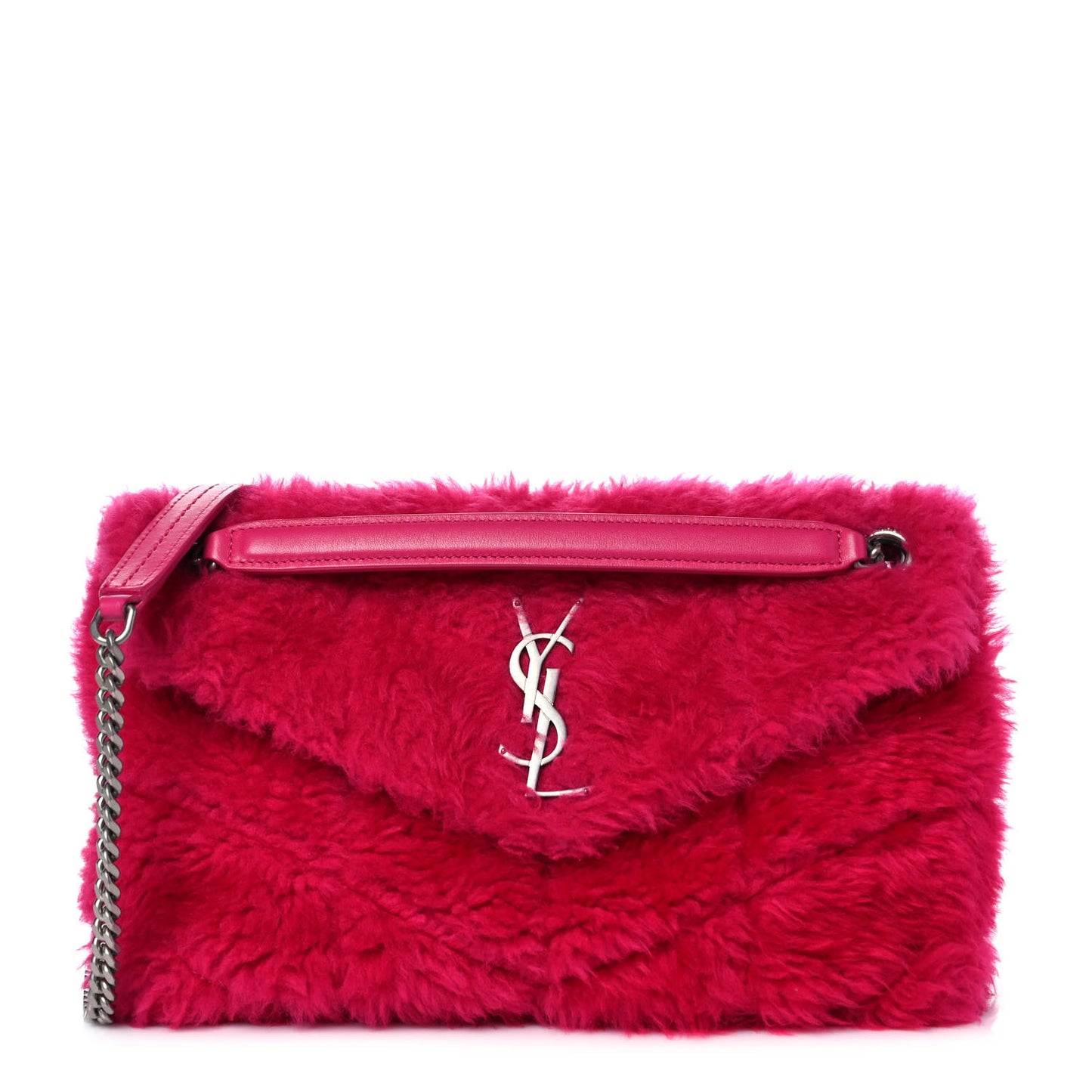 Merino Shearling Lambskin Quilted Small Loulou Puffer Monogram Chain Satchel Fuchsia
