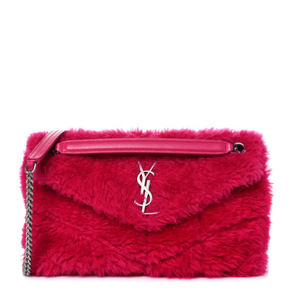 Saint Laurent Merino Shearling Lambskin Quilted Small Loulou Puffer Monogram Chain Satchel Fuchsia 1 of 10