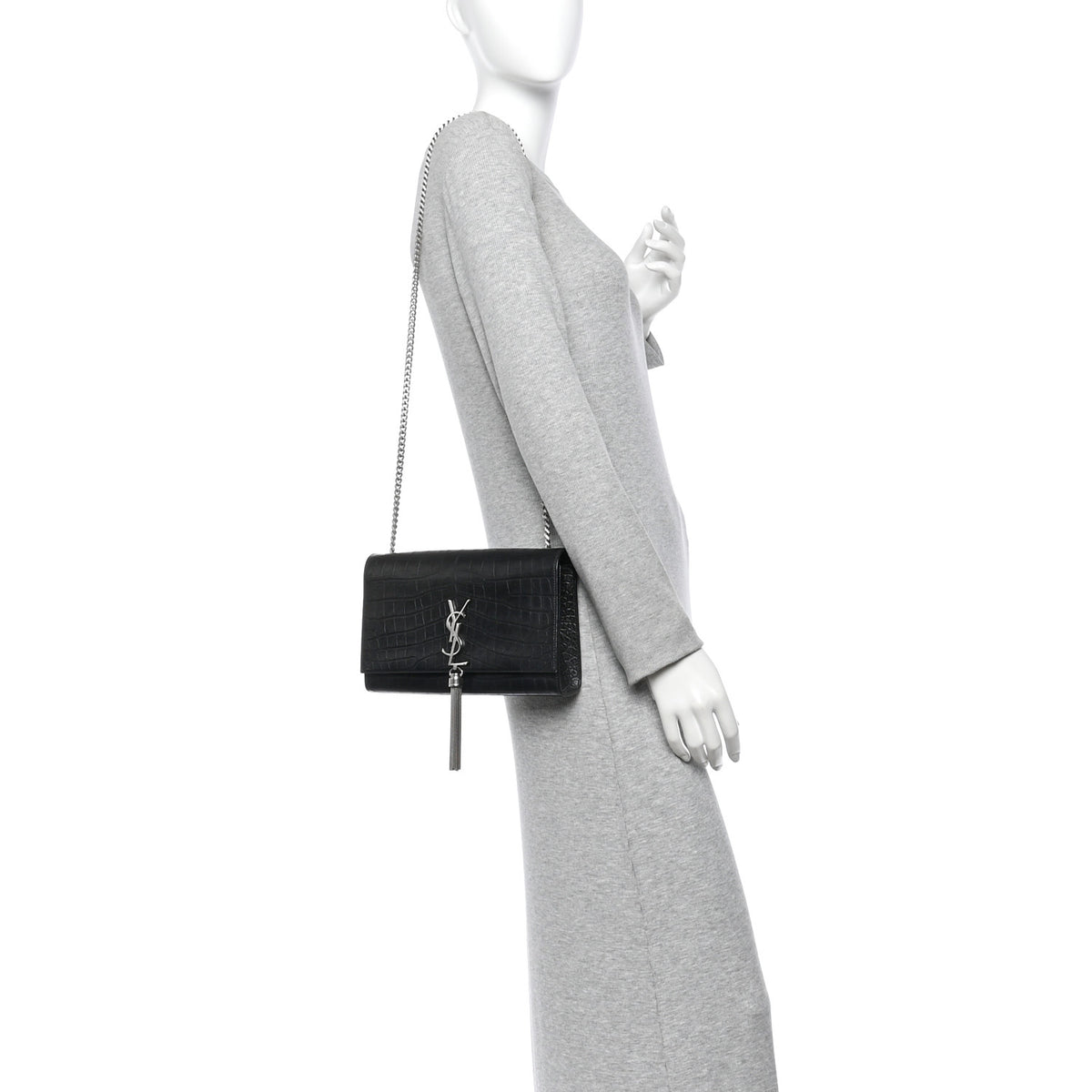 Saint Laurent Calfskin Crocodile Embossed Medium Classic Monogram Kate Tassel Satchel Black 2 of 11