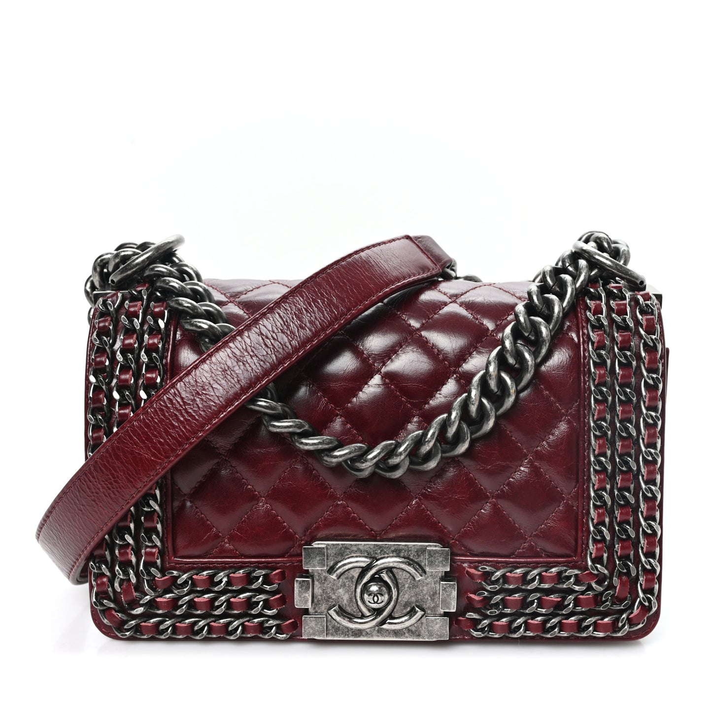 Glazed Calfskin Quilted Small Boy Chained Flap Burgundy