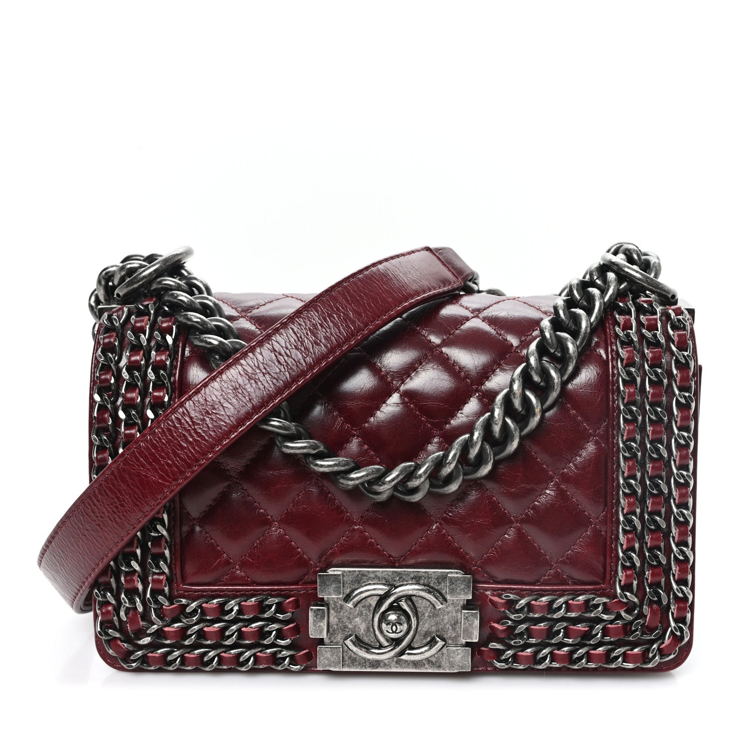 Chanel Glazed Calfskin Quilted Small Boy Chained Flap Burgundy 1 of 11