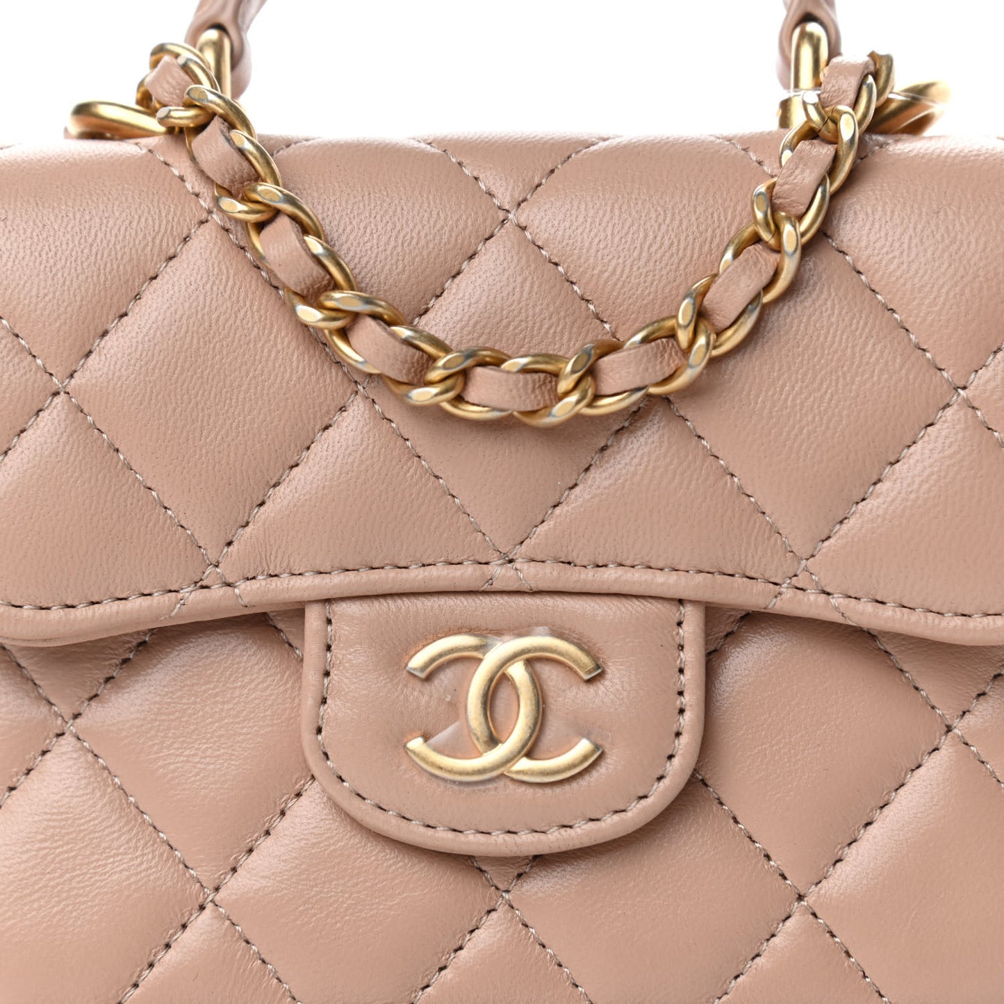 Lambskin Quilted Top Handle Flap Coin Purse With Chain Beige