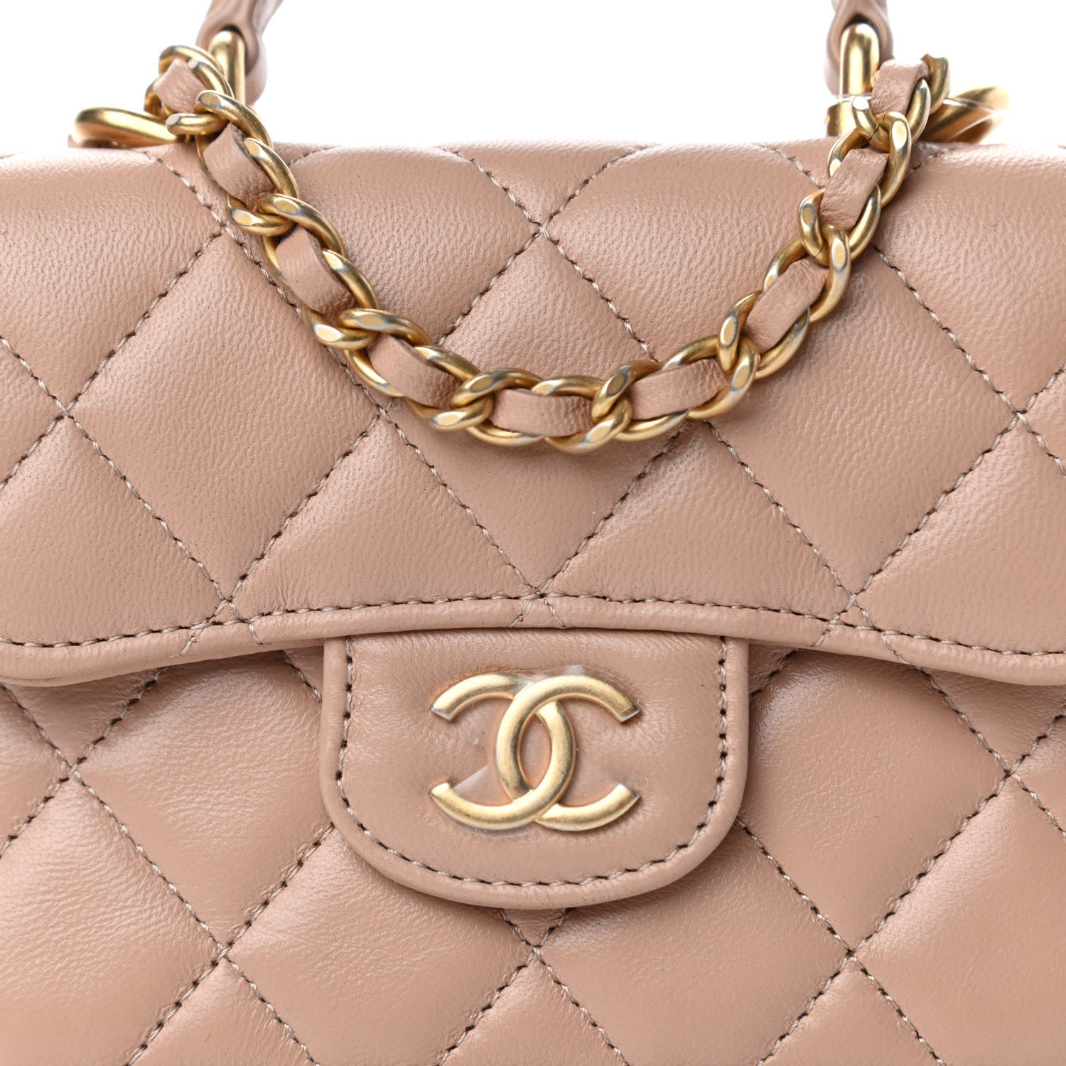 Chanel Lambskin Quilted Top Handle Flap Coin Purse With Chain Beige 11 of 13