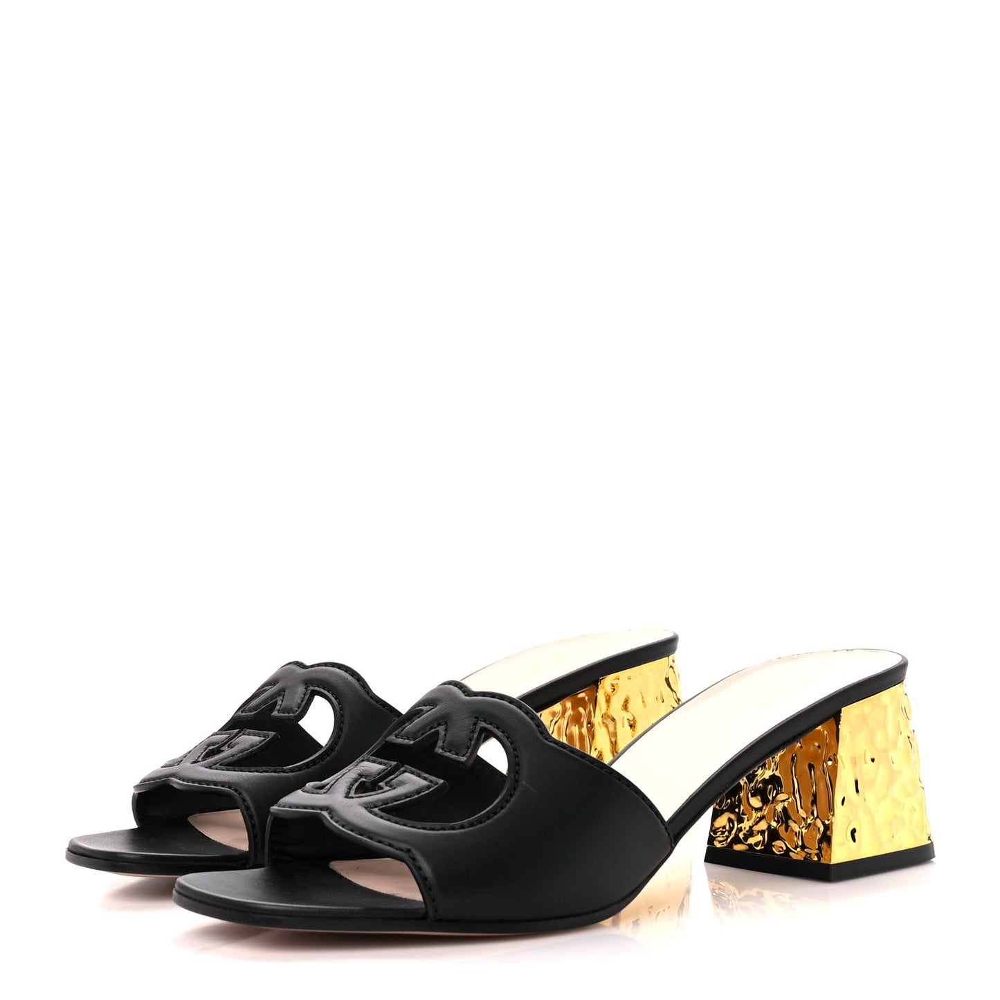 Cosmos Softy Calfskin Interlocking G Cut Out 55mm Slide Sandals 40 Black Gold