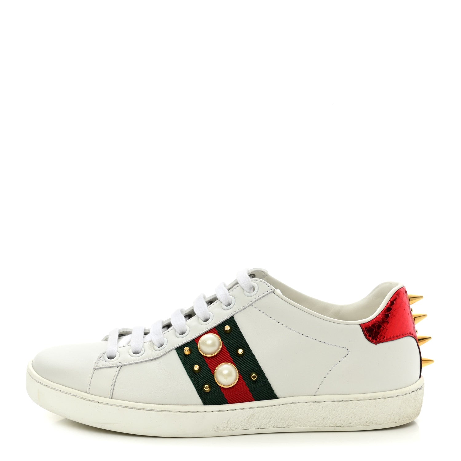 Gucci Calfskin Web Pearl Studded Womens Ace Sneakers 35 White 1 of 9
