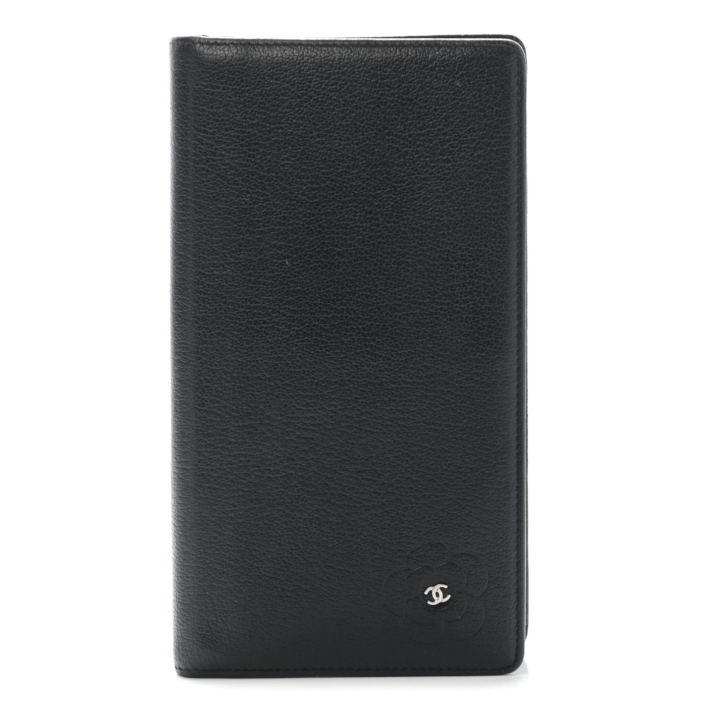 Goatskin Camellia Embossed Yen Wallet Black