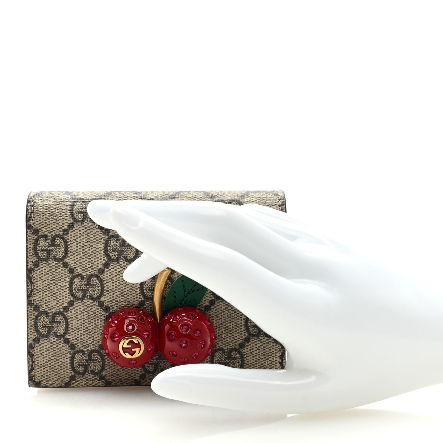 GG Supreme Monogram Cherry Embellished Card Case Wallet Hibiscus Red