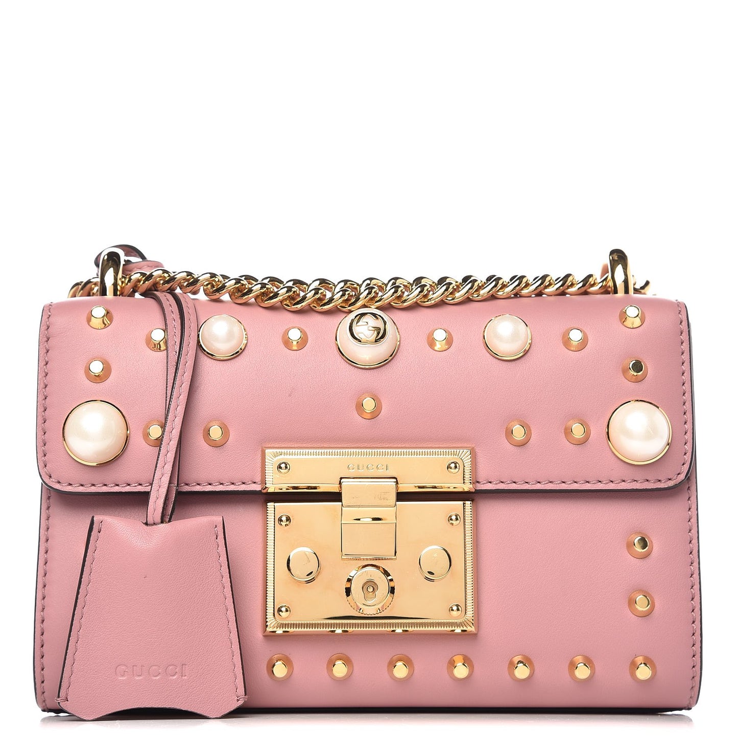 Calfskin Studded Small Padlock Shoulder Bag Carmine Rose