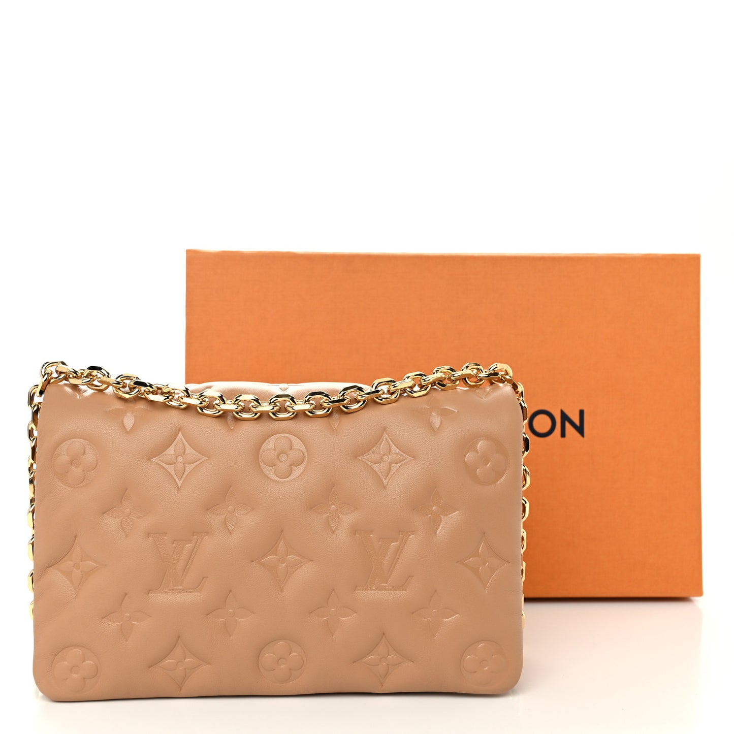 Lambskin Embossed Monogram Pochette Coussin Camel