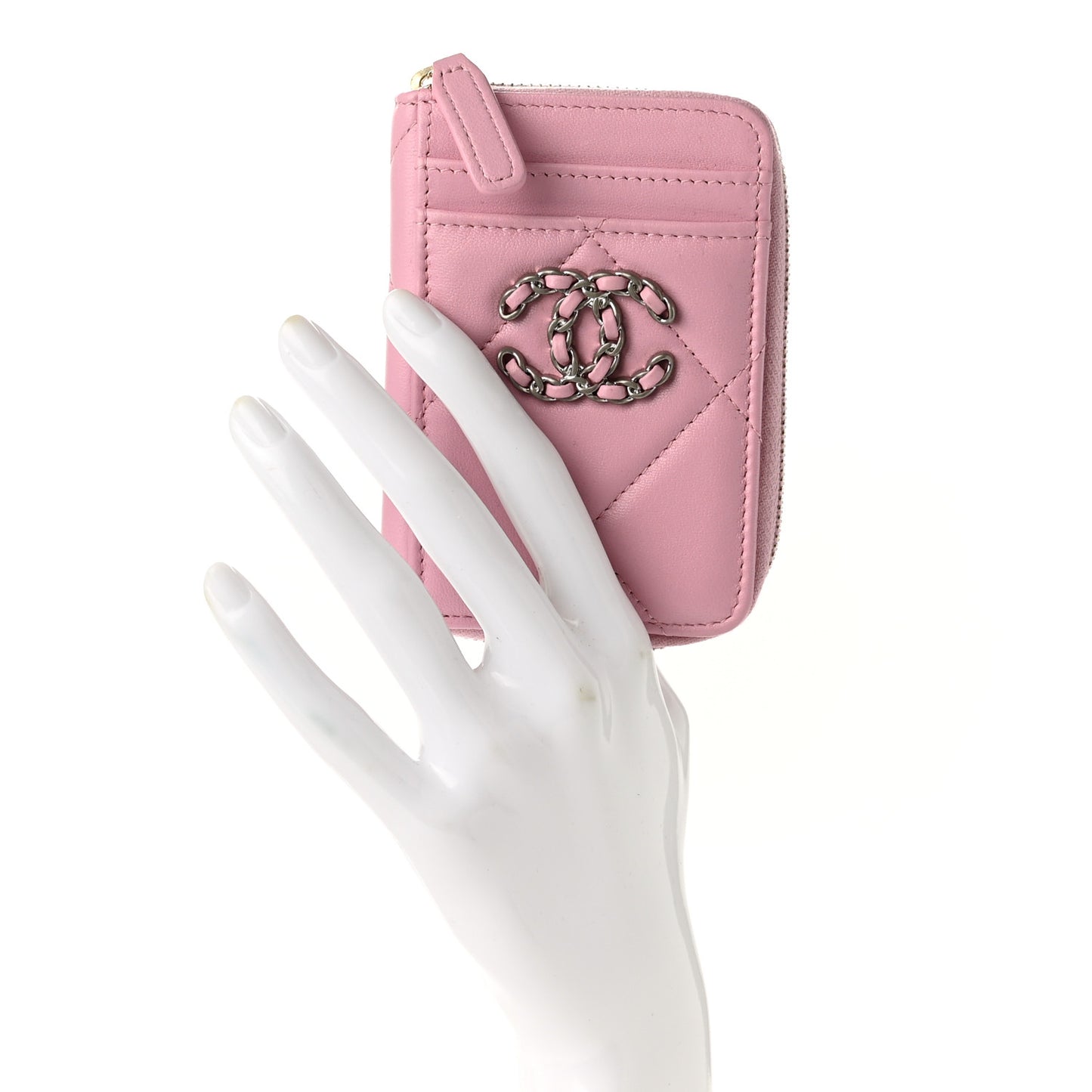 Lambskin Quilted Chanel 19 Vertical Zip Card Holder Wallet Pink