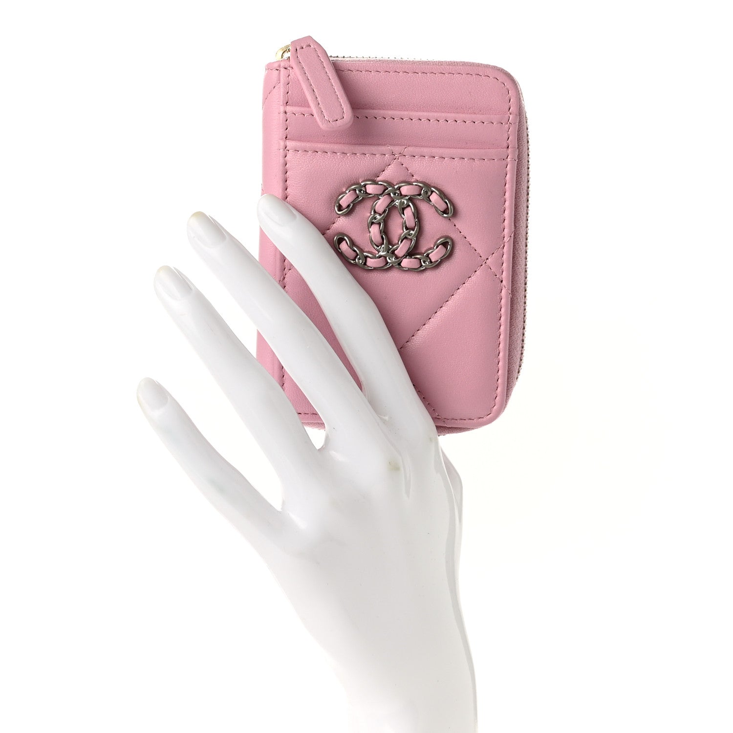Chanel Lambskin Quilted Chanel 19 Vertical Zip Card Holder Wallet Pink 2 of 8