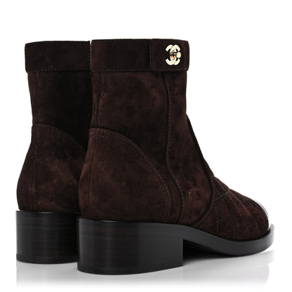Chanel Suede Patent Calfskin Quilted Cap Toe Short Boots 36 Brown Black 4 of 9