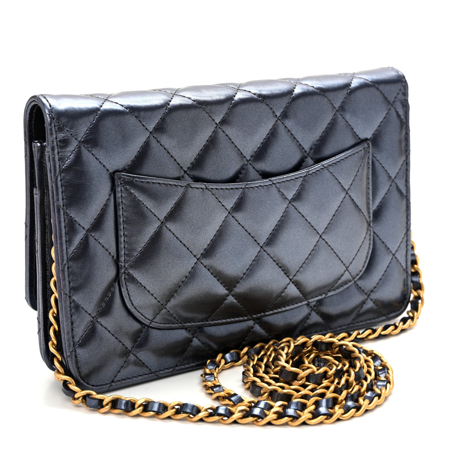 Metallic Calfskin Quilted Wallet On Chain WOC Navy Blue