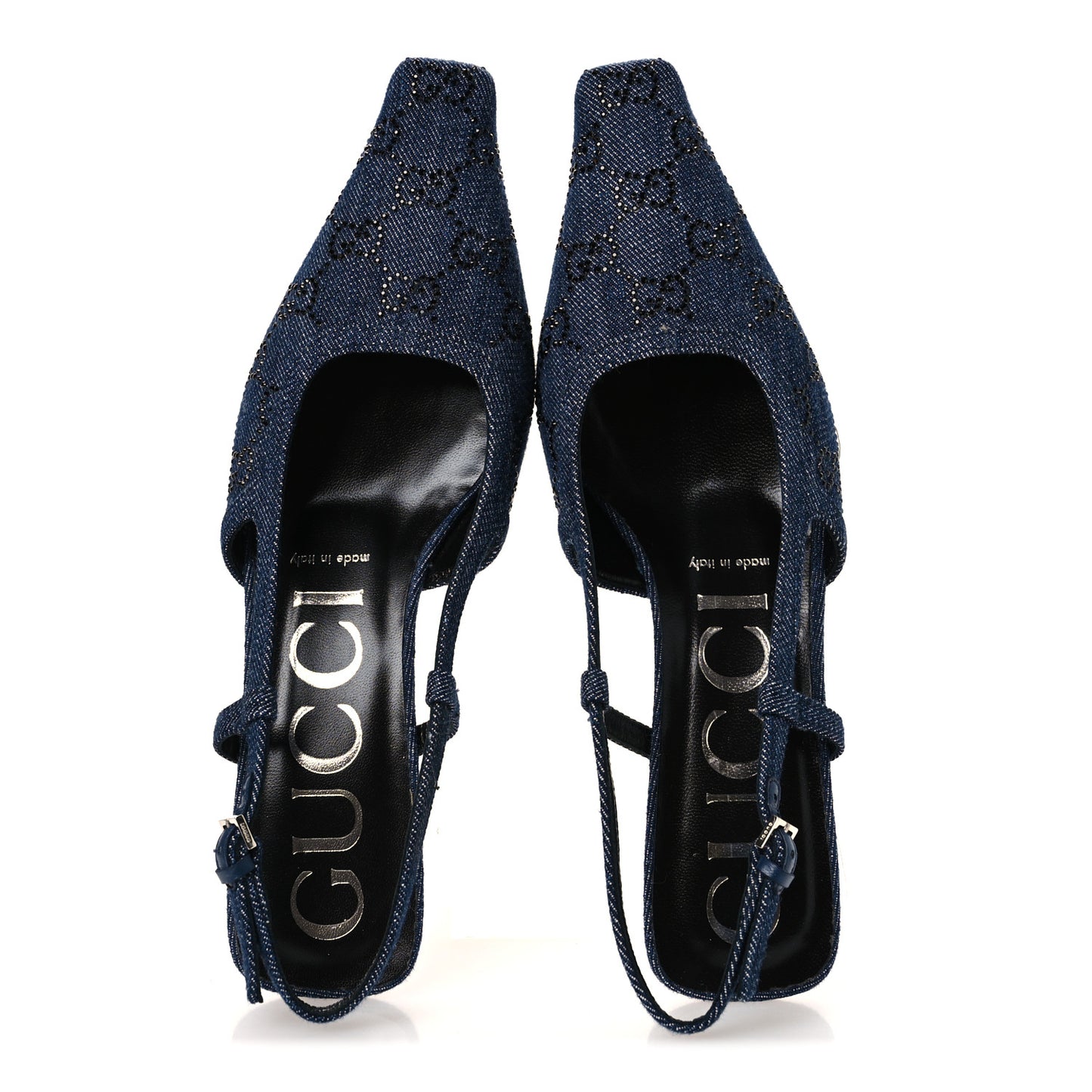 Denim GG Monogram Malaga Kid Crystal Square G 35mm Slingback Pumps 38 Blue
