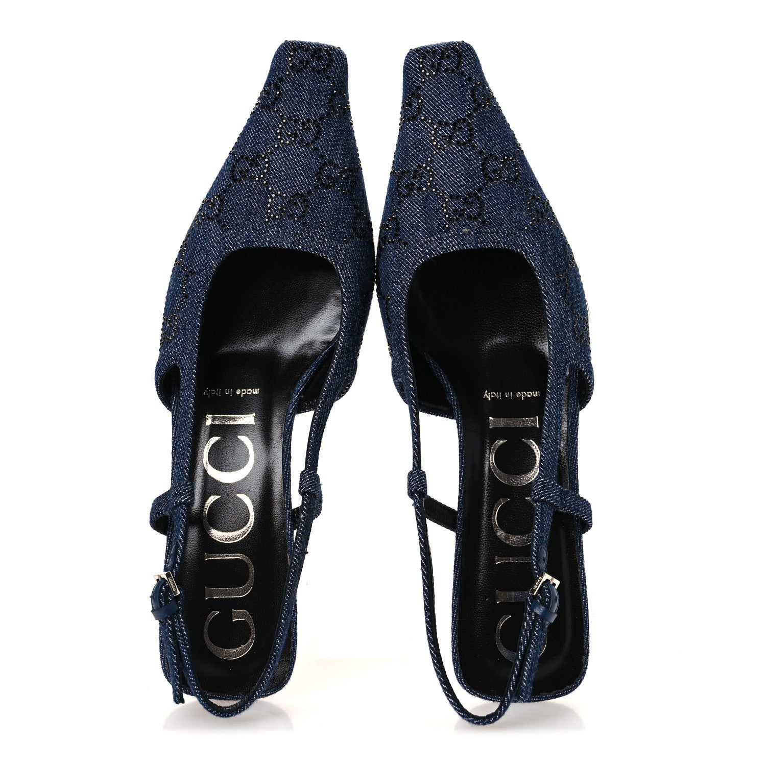 Gucci Denim GG Monogram Malaga Kid Crystal Square G 35mm Slingback Pumps 38 Blue 2 of 11