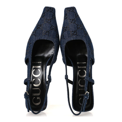 Gucci Denim GG Monogram Malaga Kid Crystal Square G 35mm Slingback Pumps 38 Blue 2 of 11