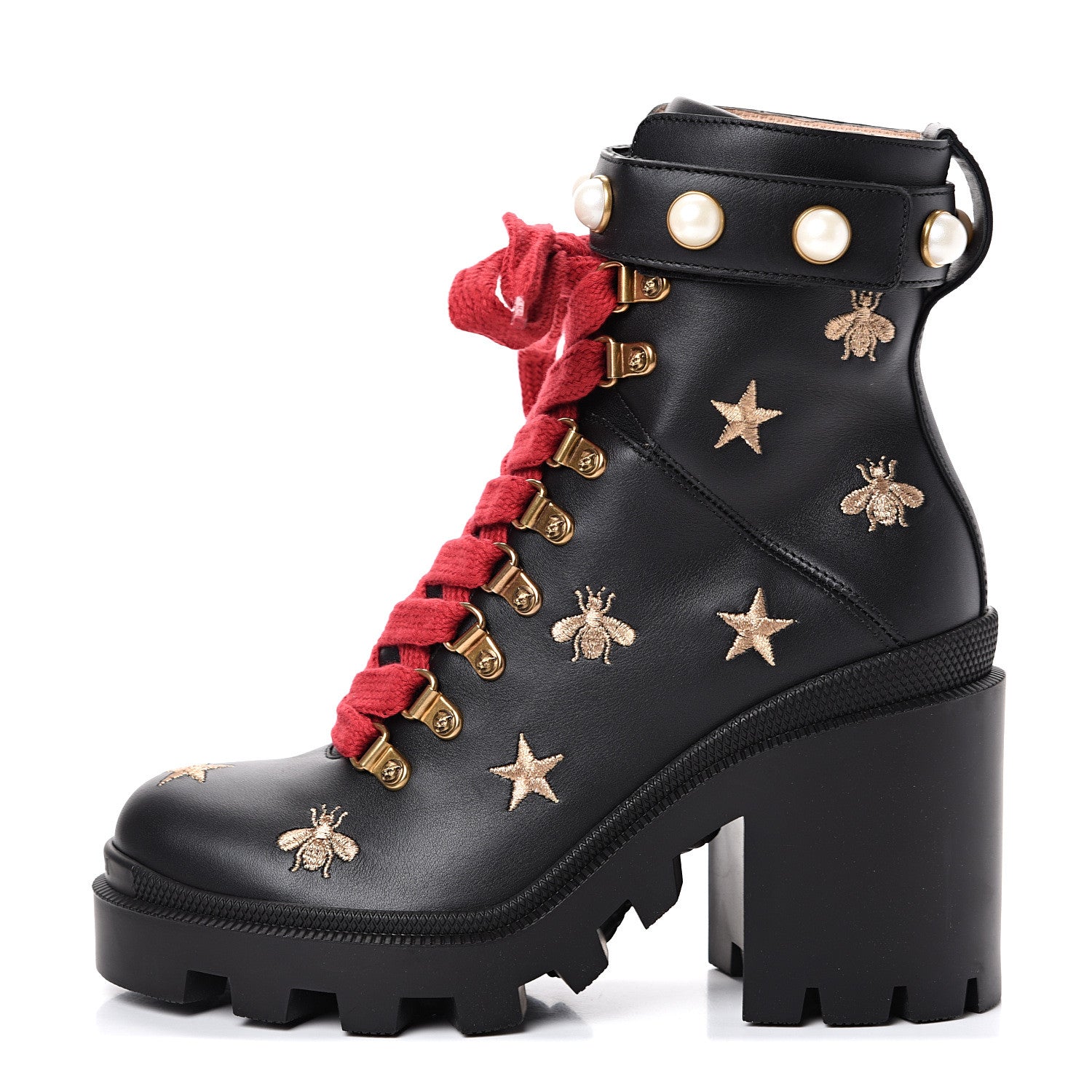 Gucci Calfskin Embroidered Lace Up Combat Ankle Boots 36.5 Black 1 of 8