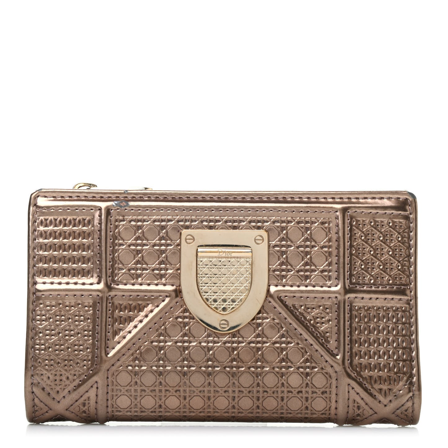 Metallic Patent Micro-Cannage Diorama Medium Wallet Champagne