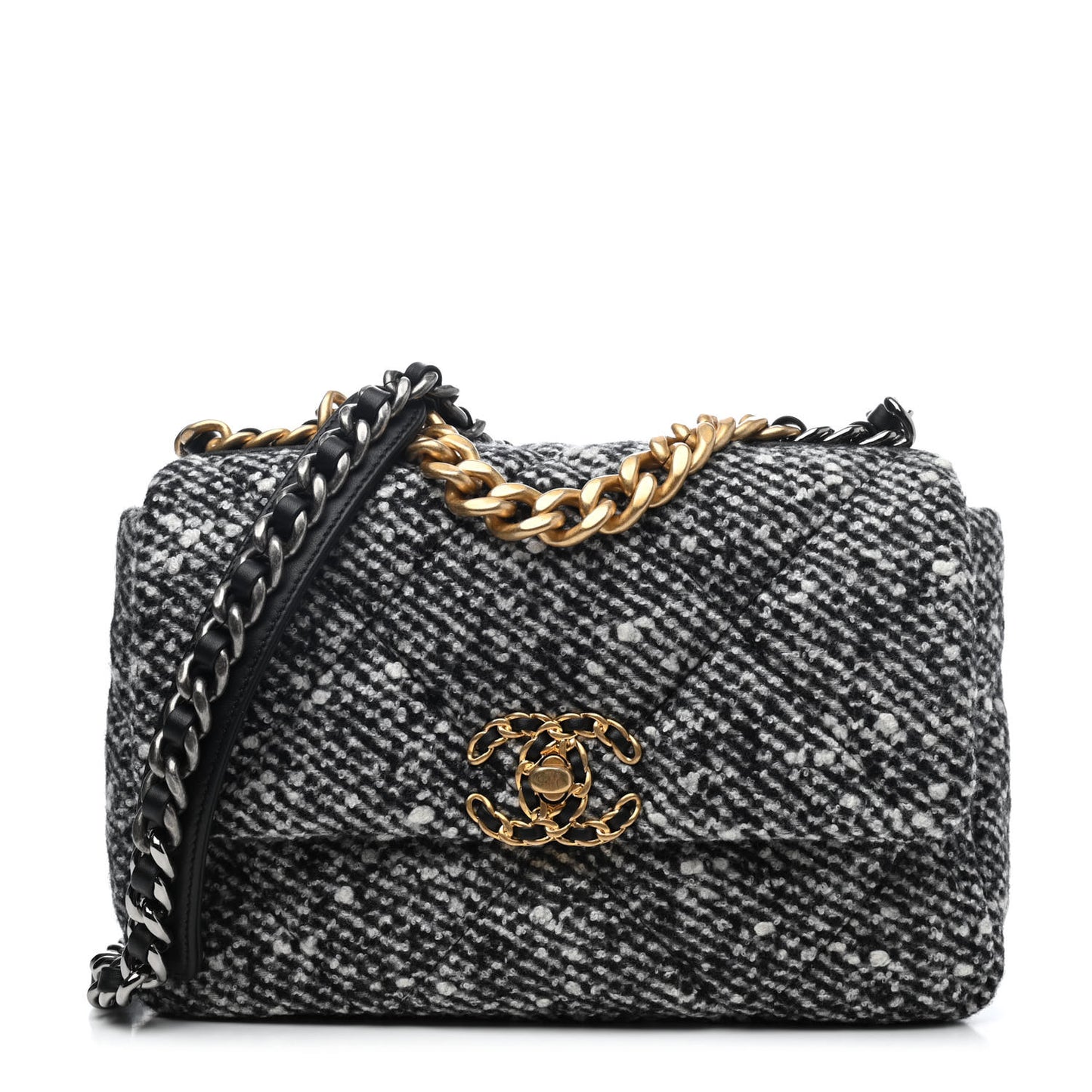 Tweed Quilted Medium Chanel 19 Flap Black White