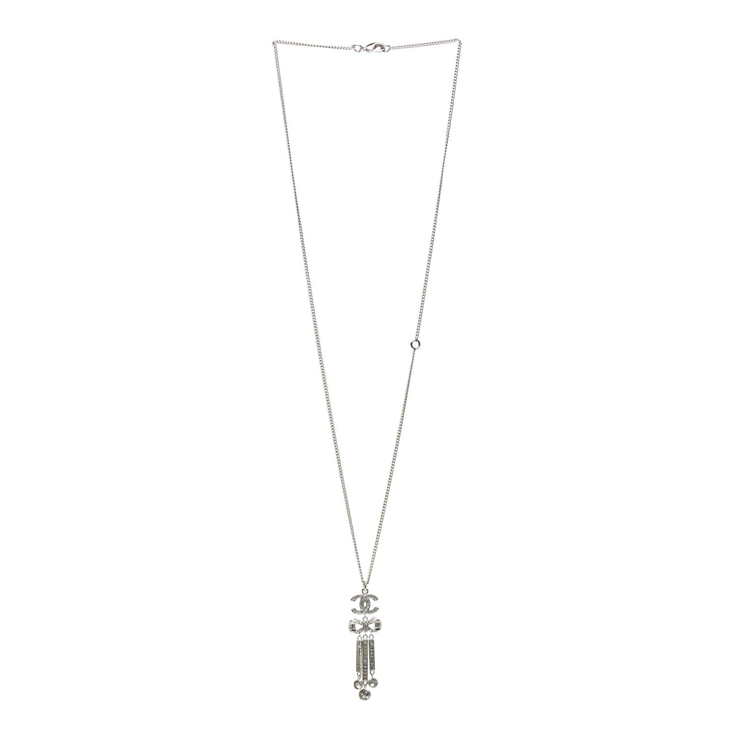 Crystal CC Bow Drop Necklace Silver