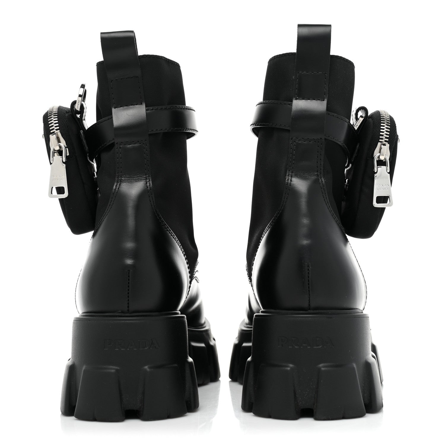 Prada Spazzolato Rois Re-Nylon Metal Triangle Logo Monolith Pouch Pocket 55mm Boots 40.5 Black 4 of 13