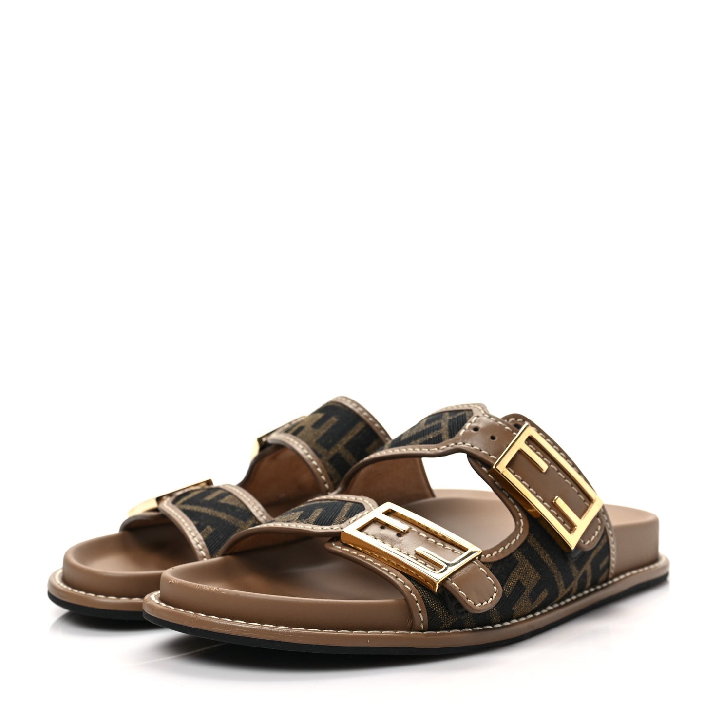 Fabric Jacquard Nappa FF Womens Fendi Feel Buckled Slide Sandals 38.5 Tobacco Black Miele Scuro