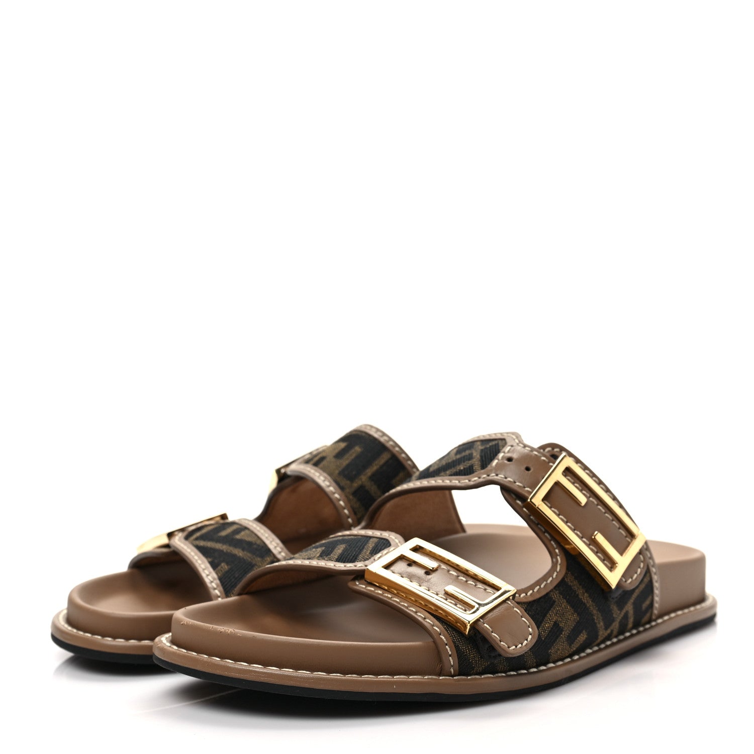 Fendi Fabric Jacquard Nappa FF Womens Fendi Feel Buckled Slide Sandals 38.5 Tobacco Black Miele Scuro 3 of 8