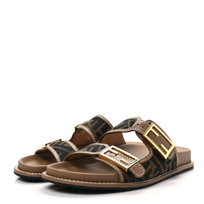 Fendi Fabric Jacquard Nappa FF Womens Fendi Feel Buckled Slide Sandals 38.5 Tobacco Black Miele Scuro 3 of 8