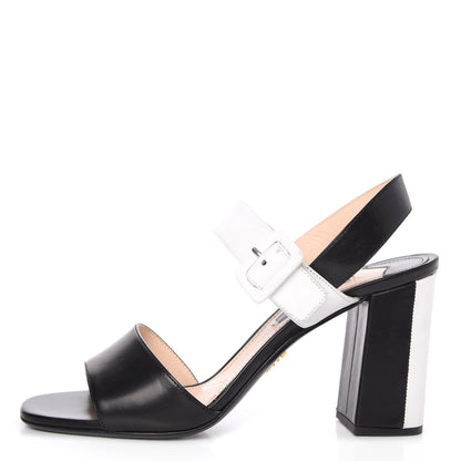 Prada Vitello Lux Bicolor Block Heel Sandals 38.5 Black White 1 of 11
