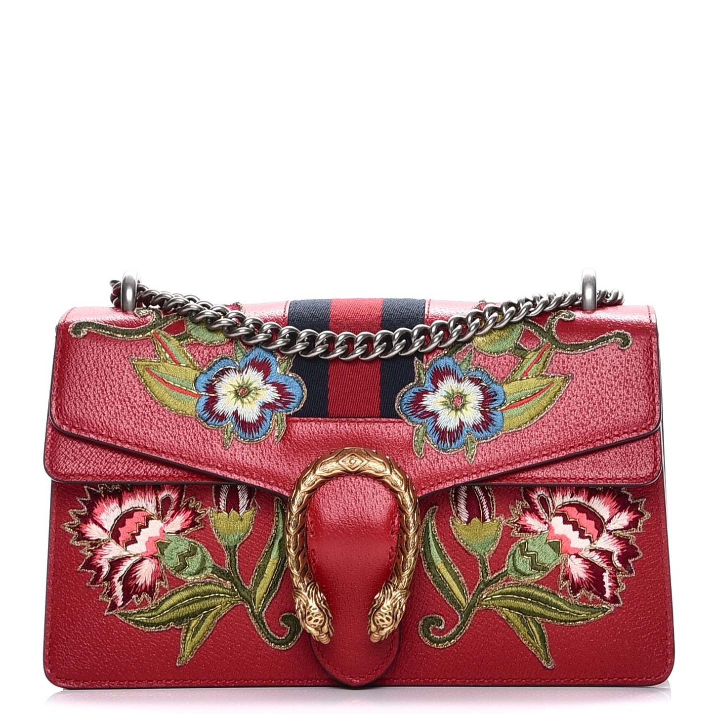 Calfskin Web Floral Embroidered Small Dionysus Shoulder Bag Hibiscus Red