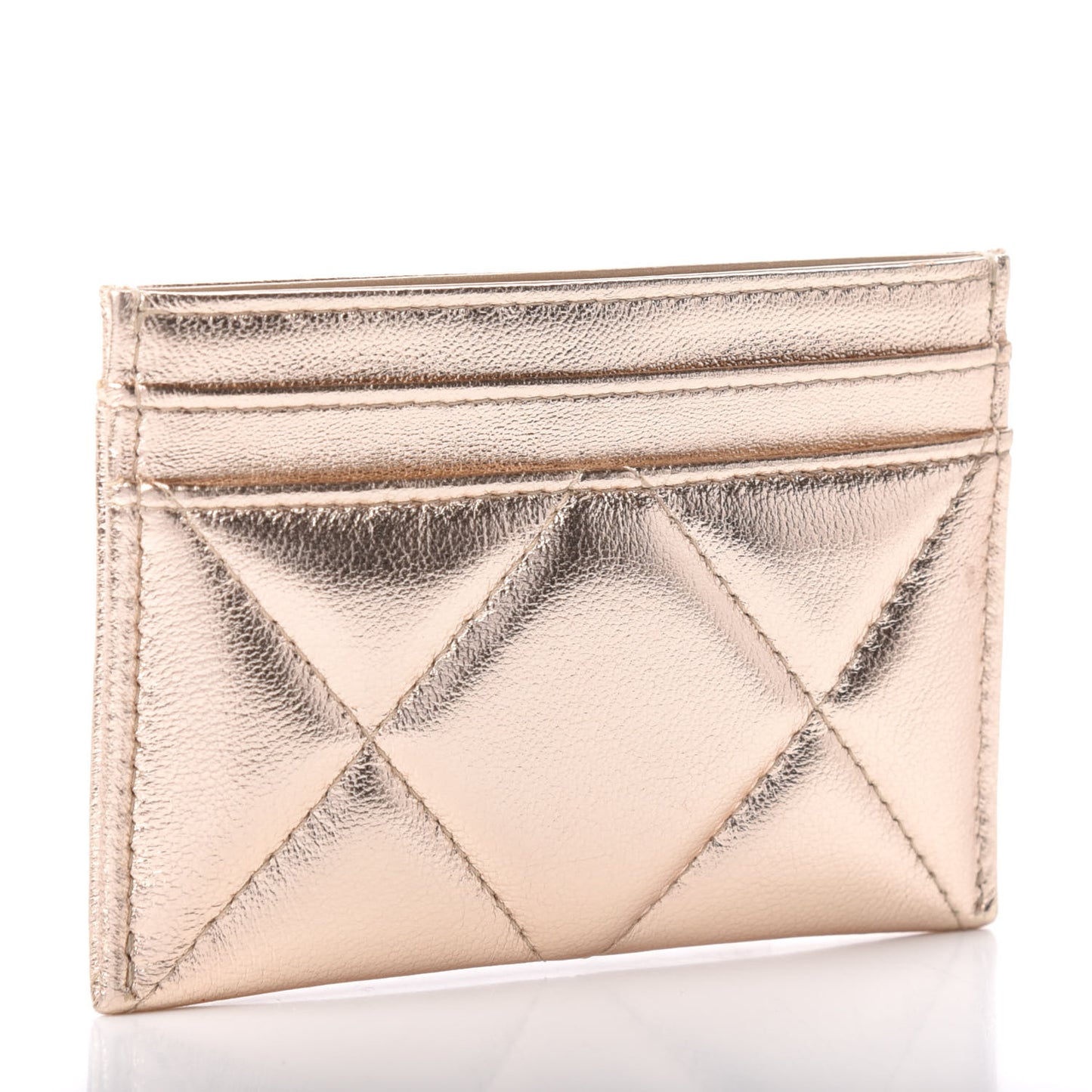 Metallic Goatskin Quilted Chanel 19 Card Holder Gold