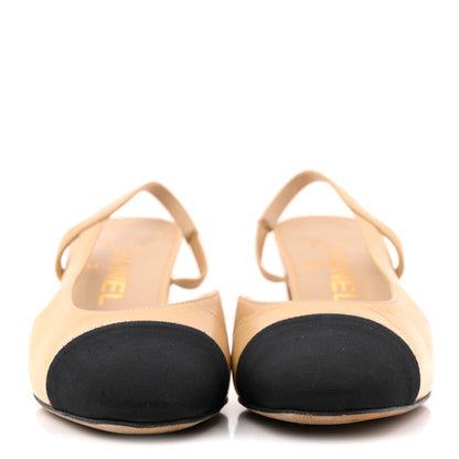 Chanel Goatskin Grosgrain Cap Toe CC Slingback Pumps 36 Beige Black 3 of 13
