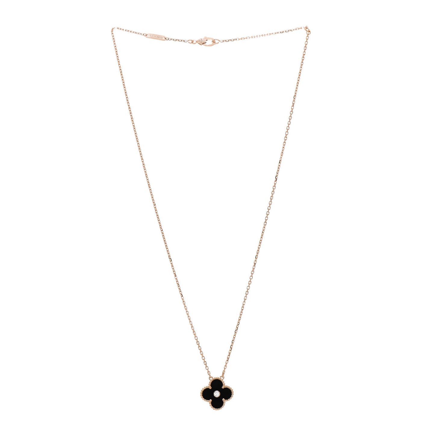 18K Rose Gold Diamond Black Onyx Vintage Alhambra Pendant Necklace