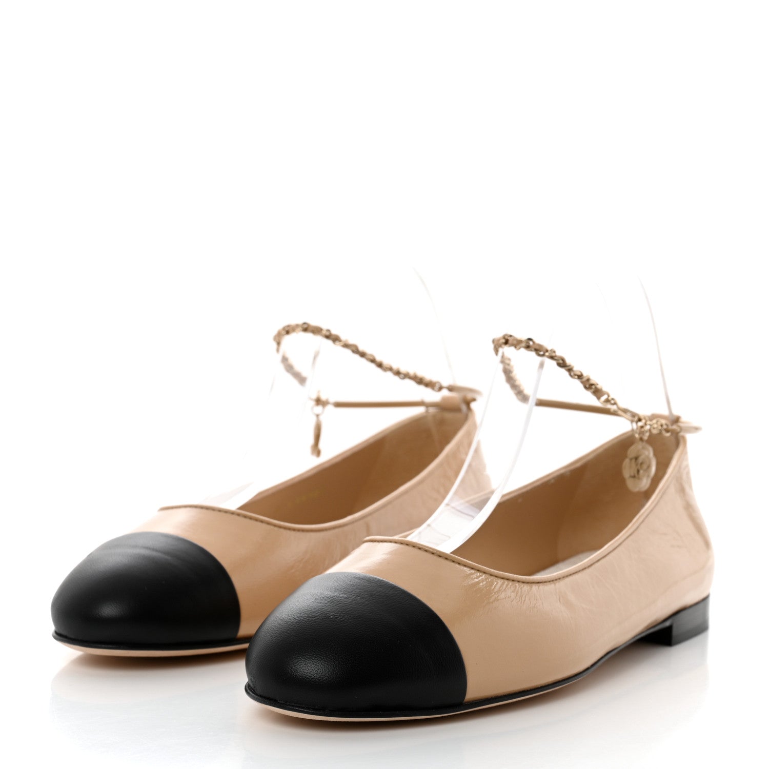 Chanel Lambskin Cap Toe Ankle Chain Ballerina Flats 41 Beige Black 3 of 9
