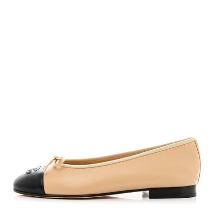 Chanel Lambskin Cap Toe CC Ballerina Flats 37 Beige Black 1 of 10