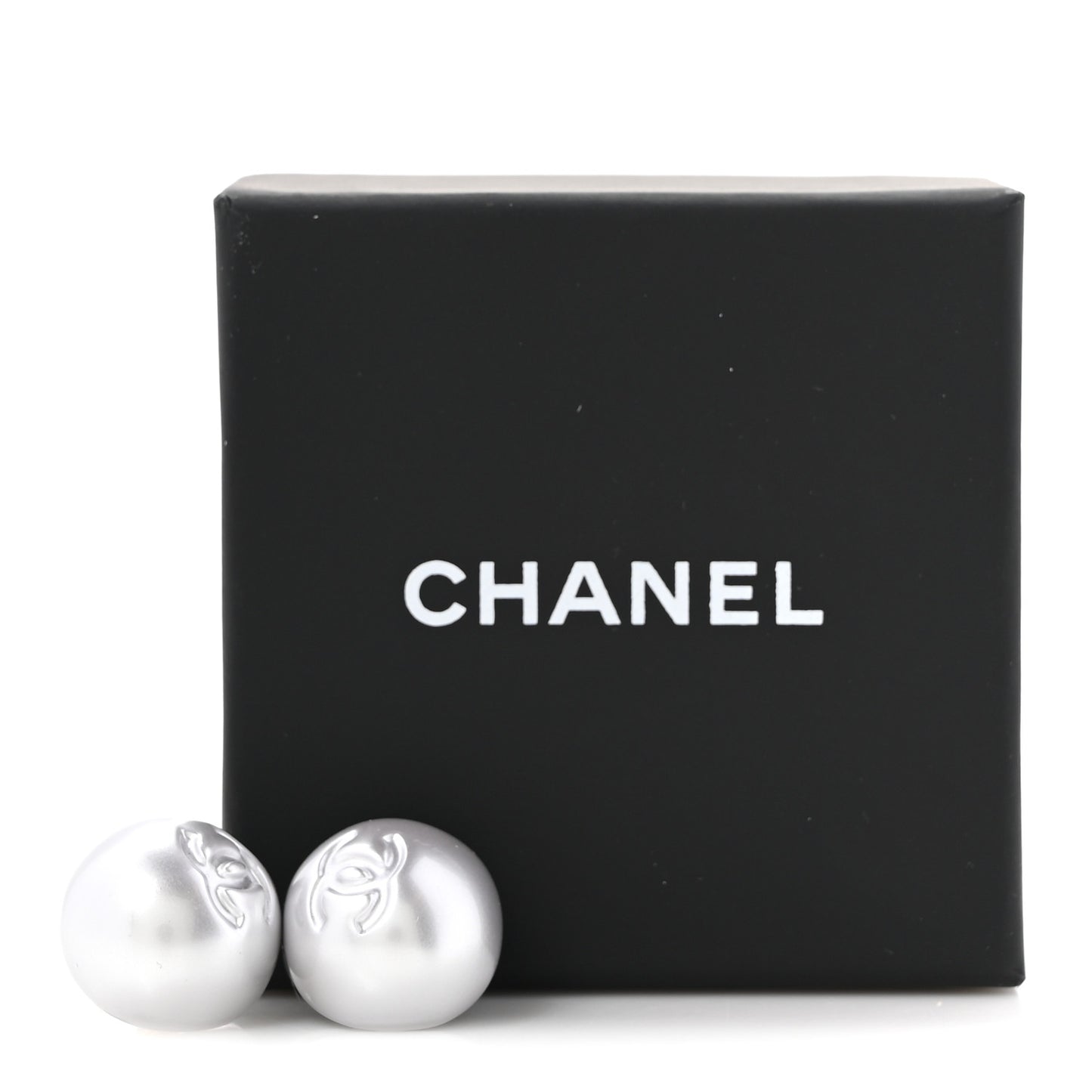 Resin Metal CC Stud Earrings Silver Pearly White