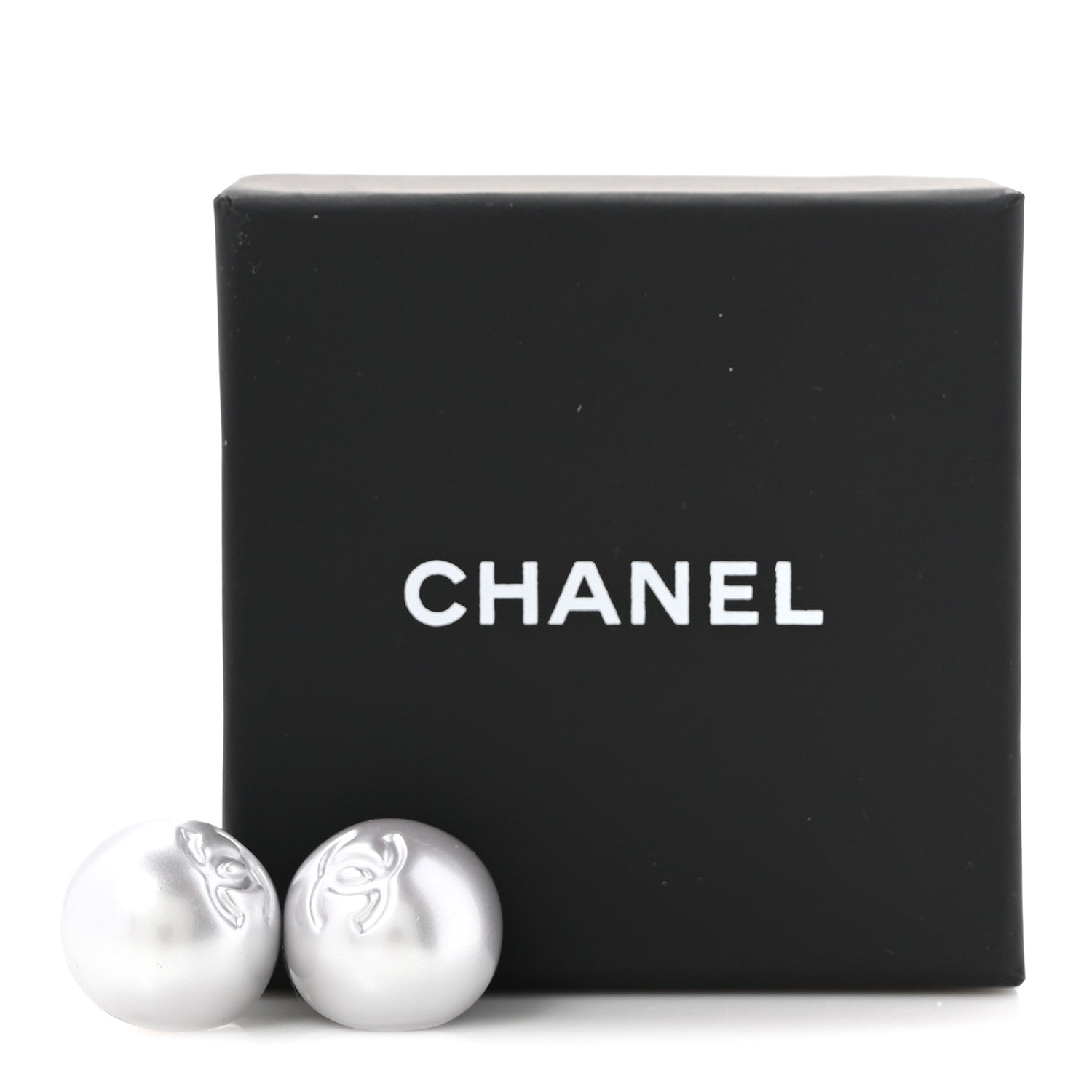 Chanel Resin Metal CC Stud Earrings Silver Pearly White 5 of 5