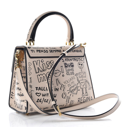 Dolce & Gabbana Calfskin Graffiti Printed Welcome Satchel White Black 4 of 13