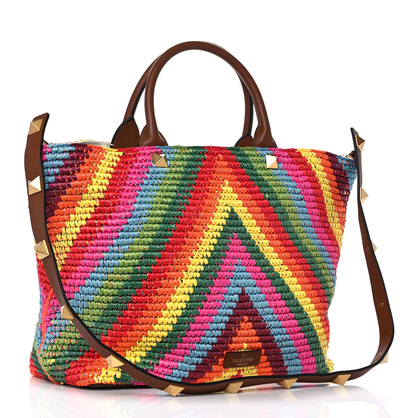 Raffia Calfskin Rockstud Summer Tote Multicolor