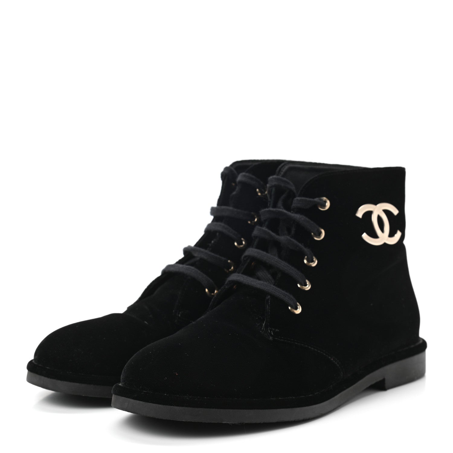 Chanel Velvet CC Lace Up Boots 38.5 Black 3 of 8