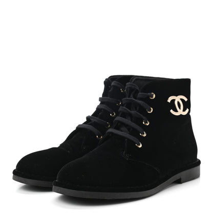 Chanel Velvet CC Lace Up Boots 38.5 Black 3 of 8
