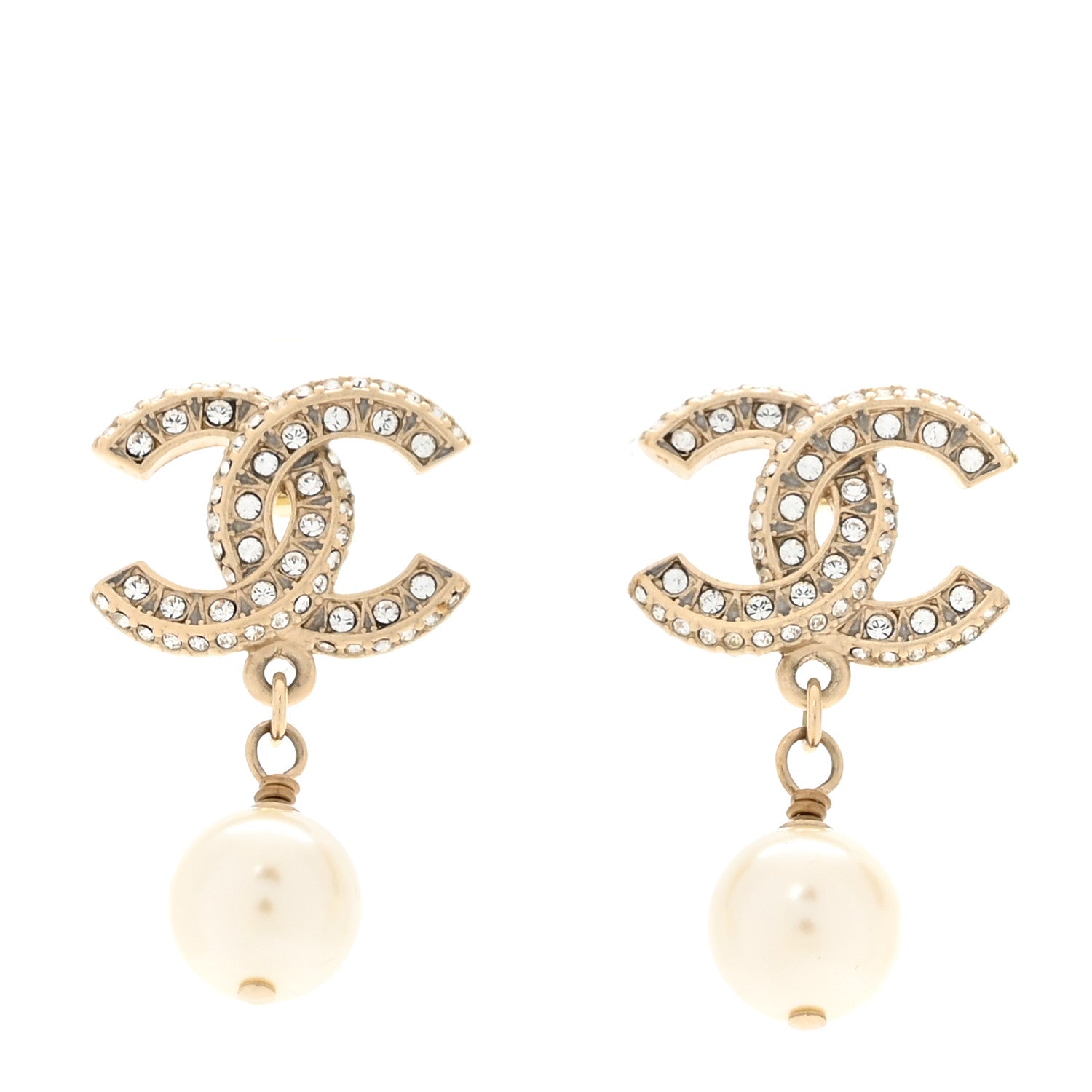 Chanel Crystal Timeless CC Pearl Drop Earrings Light Gold 1 of 4